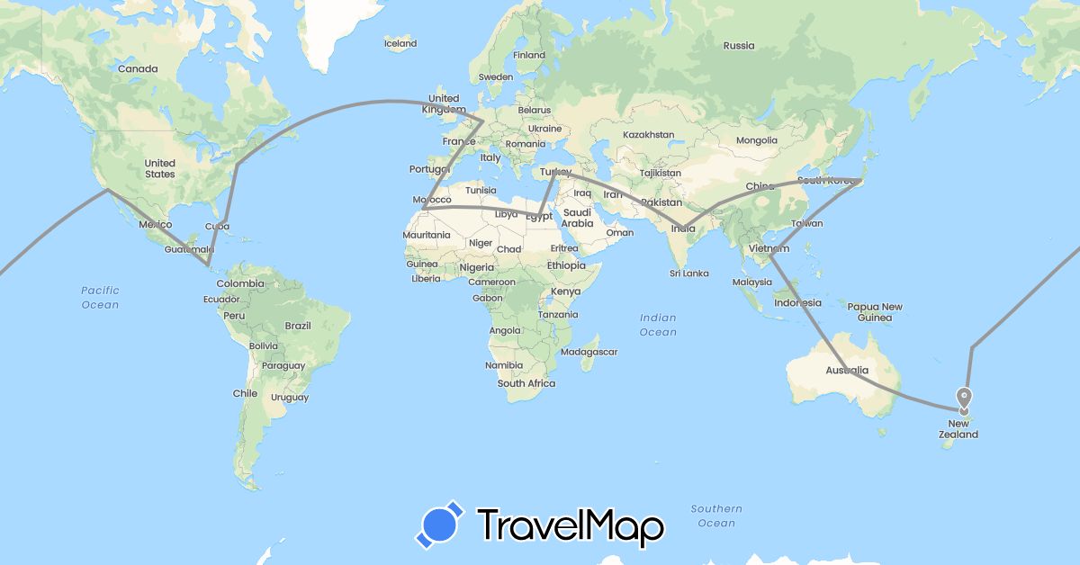 TravelMap itinerary: driving, plane in Australia, Bahamas, China, Costa Rica, Cuba, Egypt, Fiji, India, Japan, Morocco, Mexico, New Zealand, Turkey, United States, Vietnam (Africa, Asia, North America, Oceania)